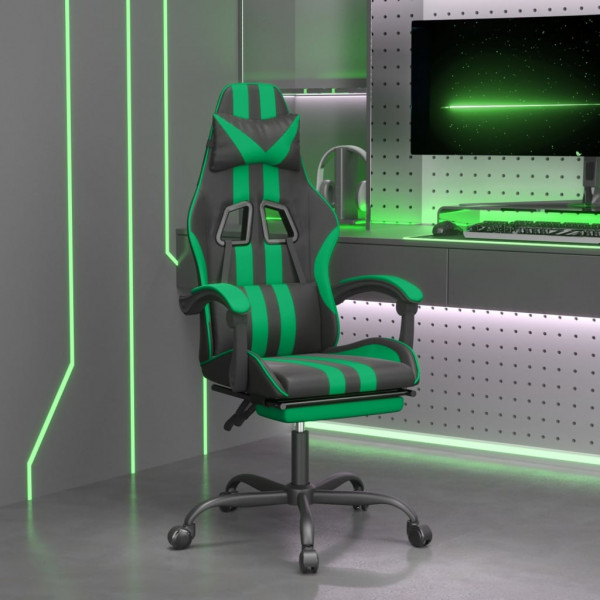 Silla gaming giratoria y reposapiés cuero sintético negro verde D