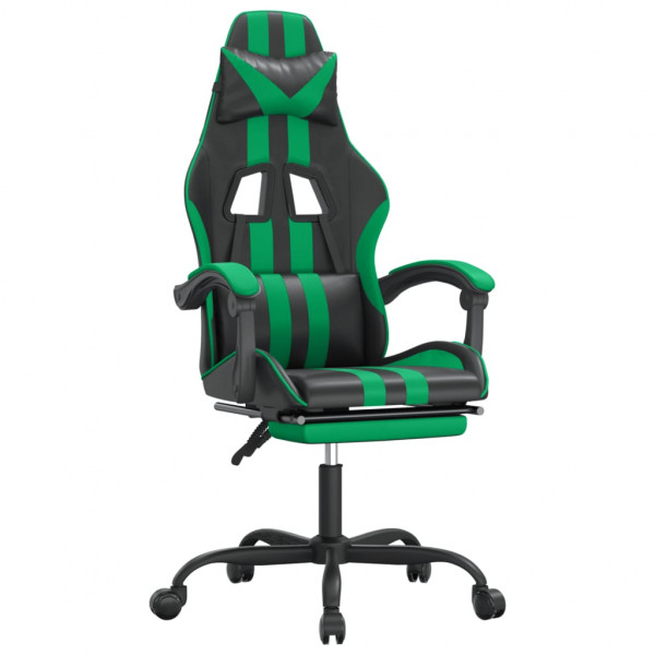 Silla gaming giratoria y reposapiés cuero sintético negro verde M 2