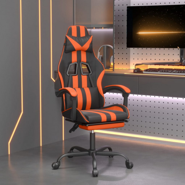 Silla gaming giratoria reposapiés cuero sintético negro naranja D