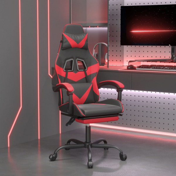 Silla gaming giratoria y reposapiés cuero sintético negro rojo D