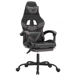 Silla gaming giratoria y reposapiés cuero sintético negro gris H