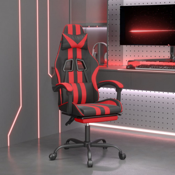 Silla gaming giratoria y reposapiés cuero sintético negro rojo D