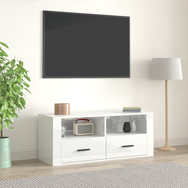 Mueble de TV madera contrachapada blanco brillo 100x35x40 cm D