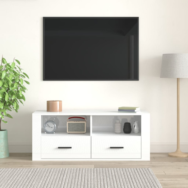 Mueble de TV madera contrachapada blanco brillo 100x35x40 cm M 3