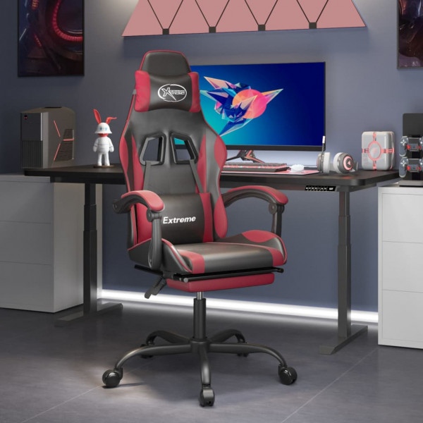 Silla gaming con reposapiés cuero sintético negro rojo tinto D