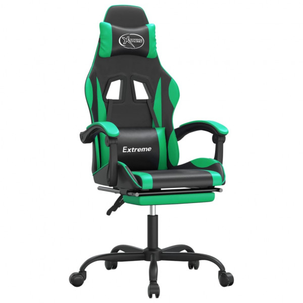 Silla gaming giratoria y reposapiés cuero sintético negro verde M 2