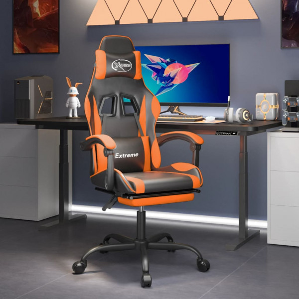 Silla gaming giratoria reposapiés cuero sintético negro naranja D