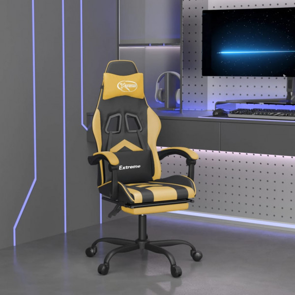 Silla gaming con reposapiés cuero sintético negro dorado D