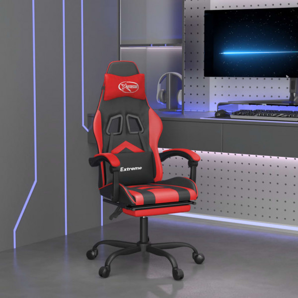 Silla gaming giratoria y reposapiés cuero sintético negro rojo D