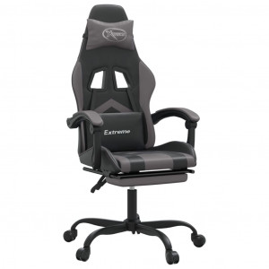 Silla gaming giratoria y reposapiés cuero sintético negro gris H
