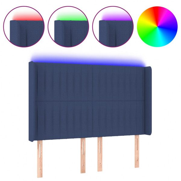 Cabeceira de cama c/ luzes LED tecido 147x16x118/128 cm azul M 2