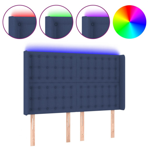 Cabeceira de cama c/ luzes LED tecido 147x16x118/128 cm azul M 2