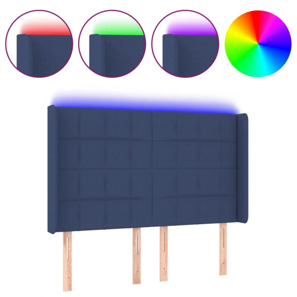 Cabeceira de cama c/ luzes LED tecido 147x16x118/128 cm azul M 2