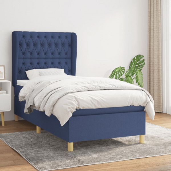 Cama box spring con colchón tela azul 90x190 cm D