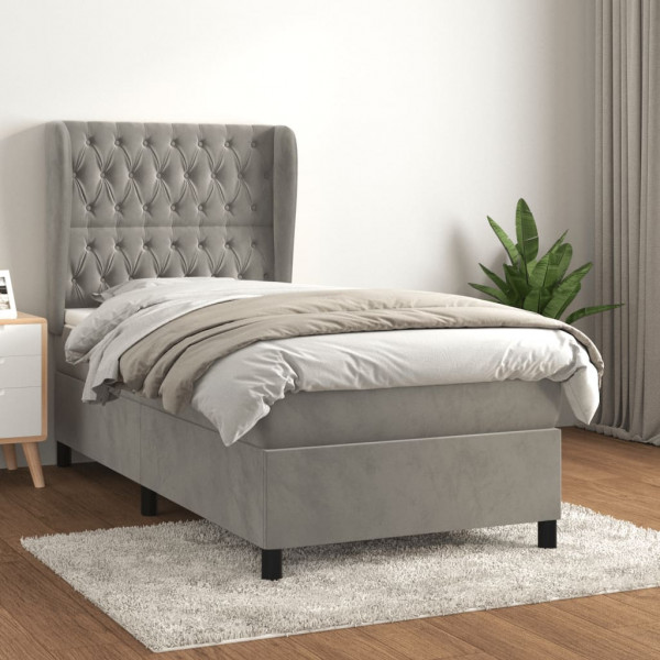 Cama box spring con colchón terciopelo gris claro 90x190 cm D