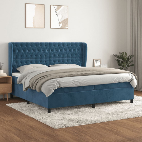 Cama box spring con colchón terciopelo azul oscuro 200x200 cm D
