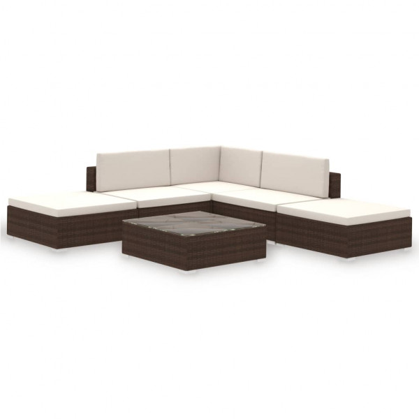 Set muebles de jardín 6 piezas y cojines ratán sintético marrón D