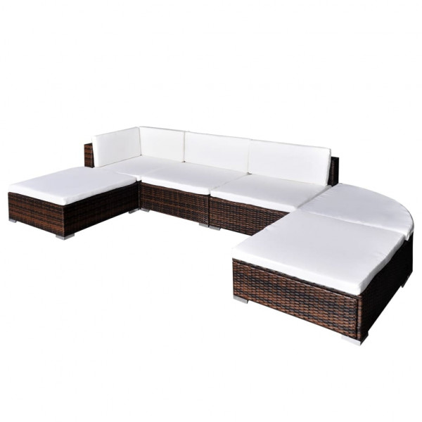 6 pcs conjunto lounge de jardim c/ almofadões vime PE castanho D