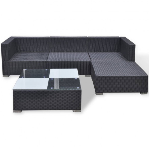 5 pcs conjunto lounge de jardim c/ almofadões vime PE preto M 5