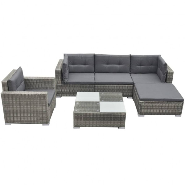 Set de muebles de jardín 6 pzas y cojines ratán sintético gris D