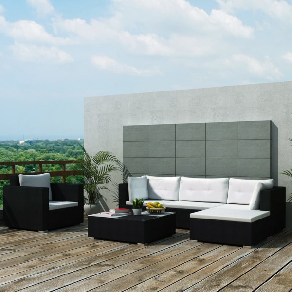 Set muebles de jardín 6 piezas y cojines ratán sintético negro D