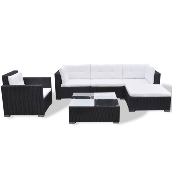 6 pcs conjunto lounge de jardim com almofadões vime PE preto M 2