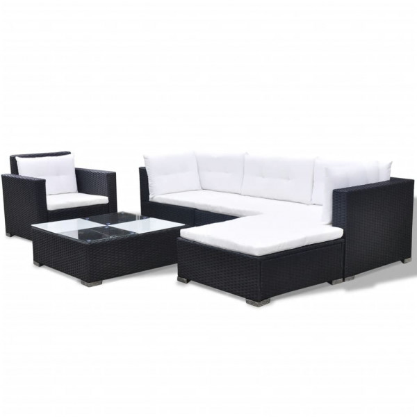 6 pcs conjunto lounge de jardim com almofadões vime PE preto M 3