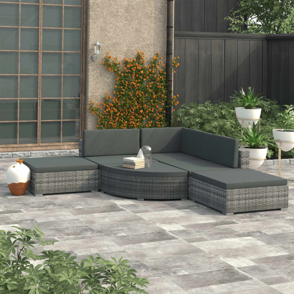 Set de muebles de jardín 6 pzas y cojines ratán sintético gris D