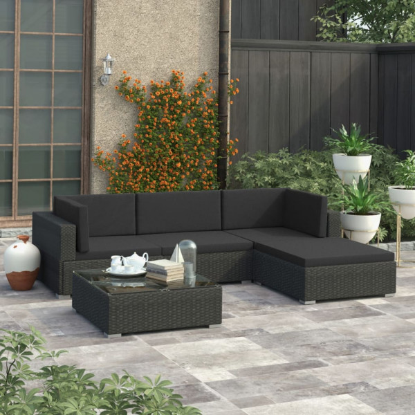 5 pcs conjunto lounge de jardim c/ almofadões vime PE preto D