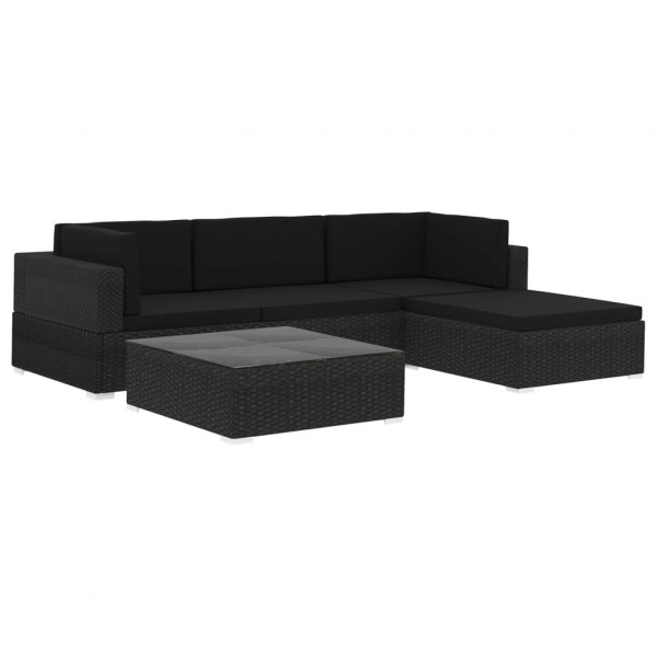 5 pcs conjunto lounge de jardim c/ almofadões vime PE preto M 2