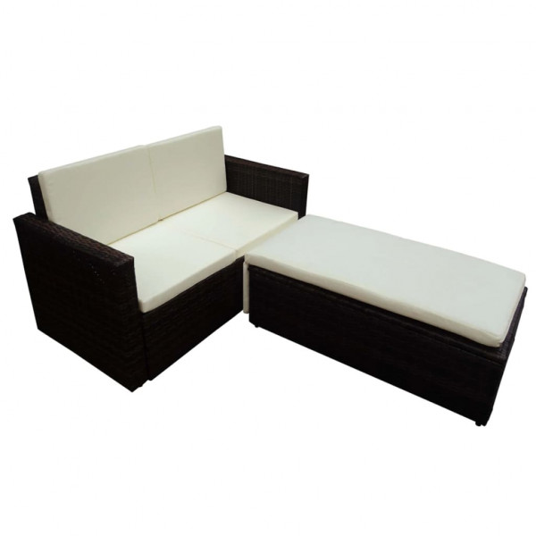 2 pcs conjunto lounge de jardim c/ almofadões vime PE castanho M 3