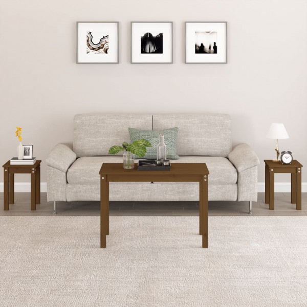 Mesas apilables 3 piezas madera maciza de pino marrón miel D