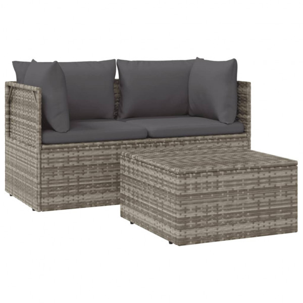 3 pcs conjunto lounge de jardim c/ almofadões vime PE cinzento D