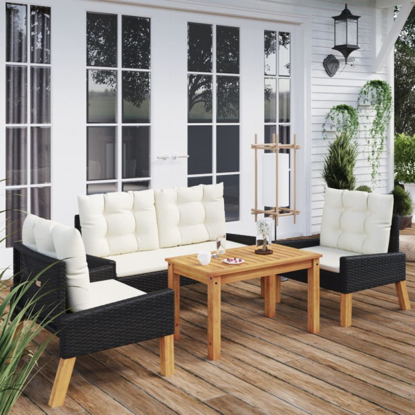 4 pcs conj. lounge jardim c/ almofadões vime PE/madeira maciça D