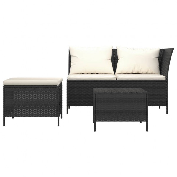 3 pcs conjunto lounge de jardim c/ almofadões vime PE preto M 3