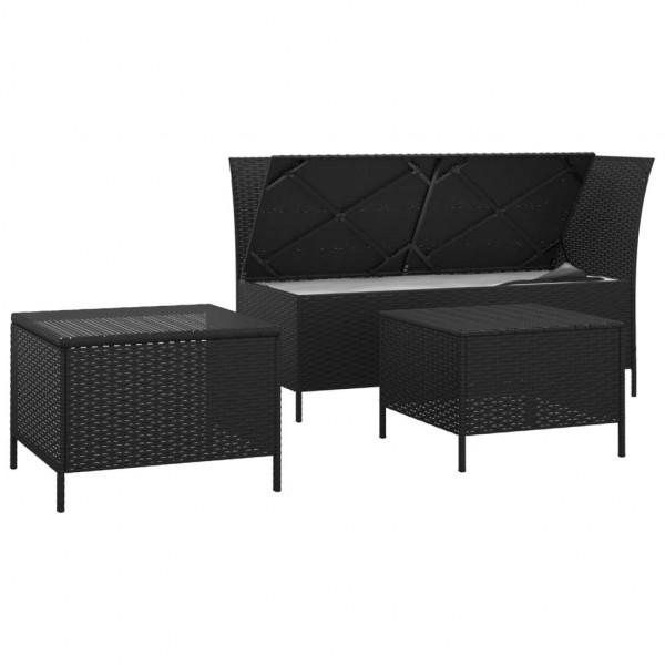 3 pcs conjunto lounge de jardim c/ almofadões vime PE preto M 4
