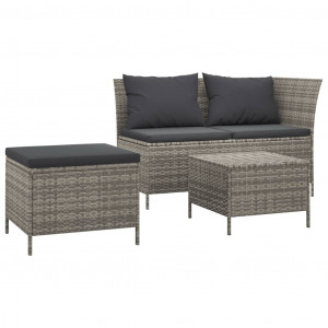 Set de muebles de jardín 3 pzas y cojines ratán sintético gris H