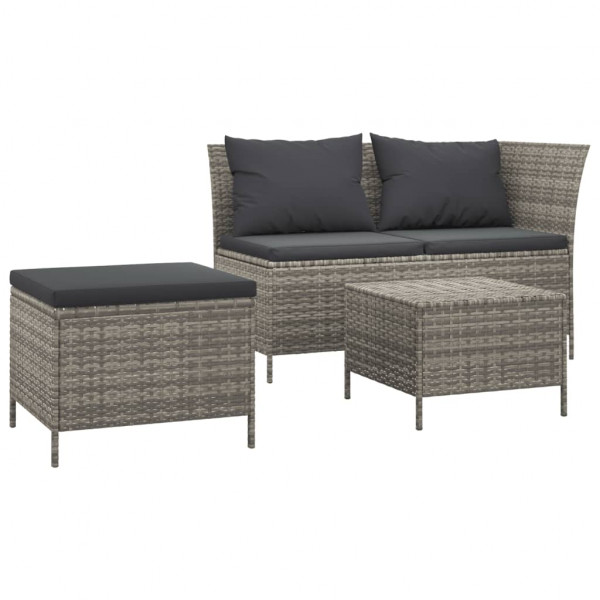 3 pcs conjunto lounge de jardim c/ almofadões vime PE cinzento M 2