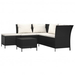 4 pcs conjunto lounge de jardim c/ almofadões vime PE preto H