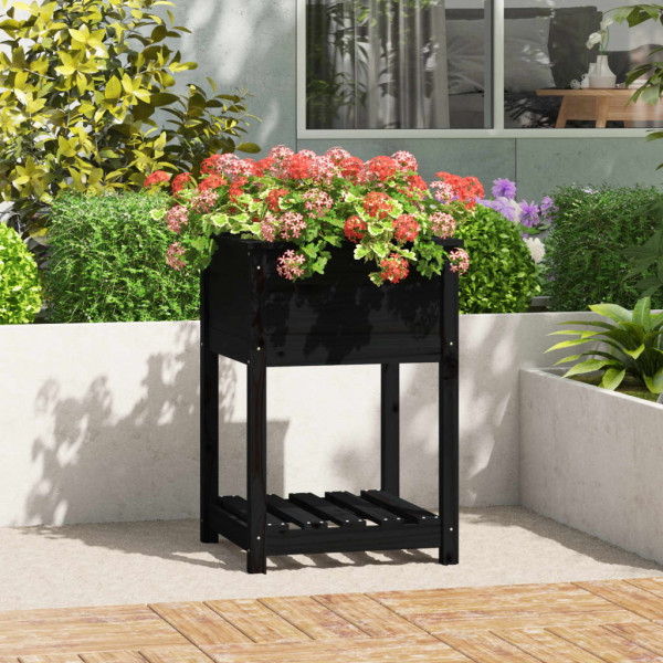 Jardinera con estante madera maciza de pino negro 54x54x81 cm D