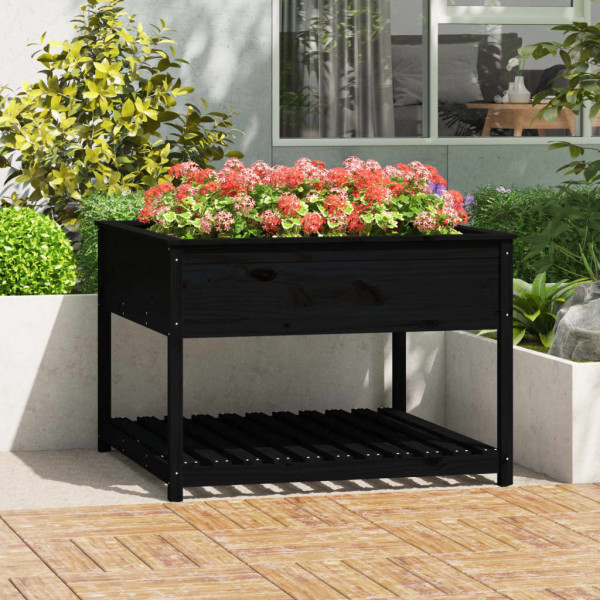 Jardinera con estante madera maciza pino negro 111.5x111.5x81cm D