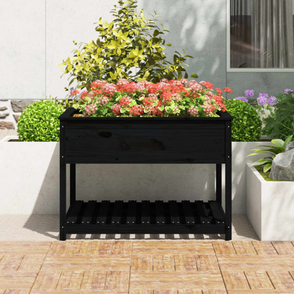 Jardinera con estante madera maciza pino negro 111.5x111.5x81cm M 3