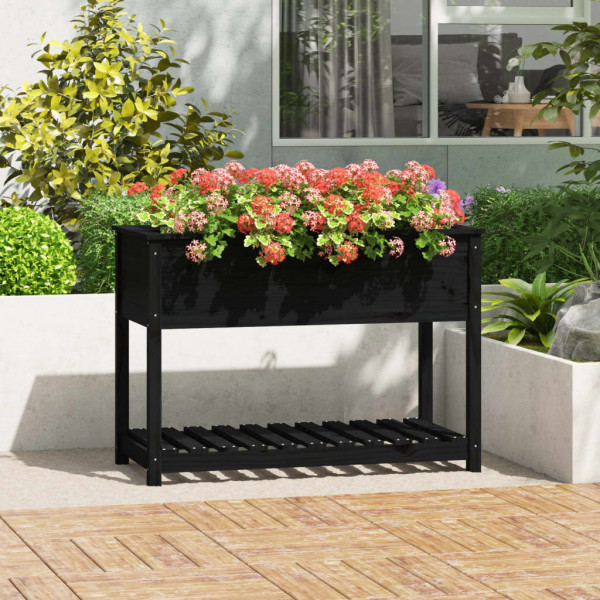 Jardinera con estante madera maciza pino negra 111.5x54x81 cm D