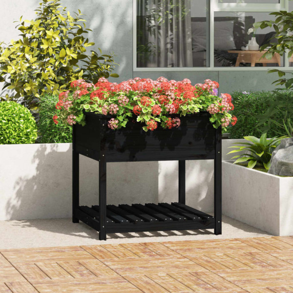 Jardinera con estante madera maciza pino negro 82.5x82.5x81 cm D