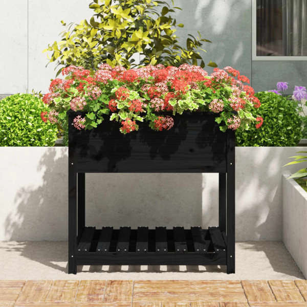 Jardinera con estante madera maciza pino negro 82.5x82.5x81 cm M 3