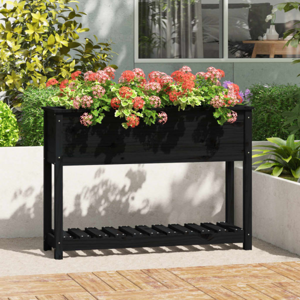 Jardinera con estante madera maciza pino negro 111.5x34.5x81 cm D