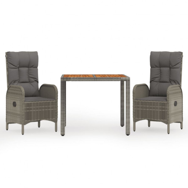 Set comedor de jardín 3 piezas con cojines ratán sintético gris M 2