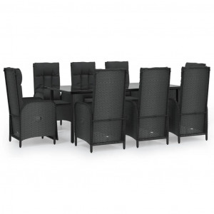 Set de comedor de jardín 9 pzas y cojines ratán sintético negro H