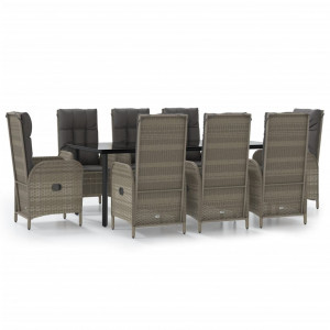Set comedor jardín 9 pzas y cojines ratán sintético negro gris H