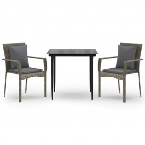 3 pcs conj. jantar p/ jardim c/ almofadões vime PE preto/cinza H